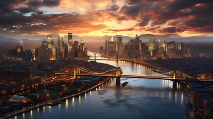 Spectacular Sunset over a Cityscape with Bridges and River