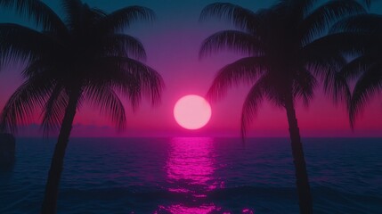 Vibrant pink sunset over ocean with palm trees silhouettes creating a tropical beach scenery