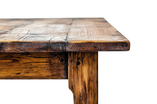 Rustic wooden table with detailed grain and texture illuminated by soft ambient light isolated on transparent background