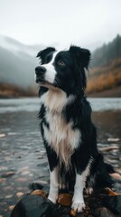 Black and white Border Collie sits by river, misty mountains