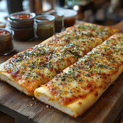 Large Cheese Pizza on a Wooden Board in a Cafe