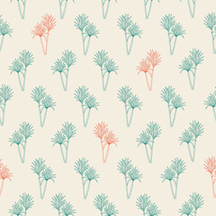Hawaiian tropical palm trees vector seamless pattern. Turquoise and red palmtrees on an ivory background, perfect for summer fabrics. 