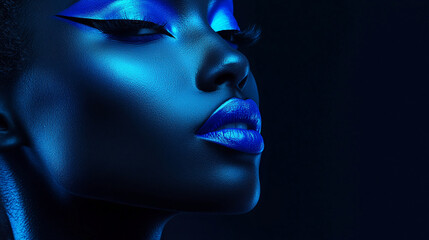 Obraz premium Close-up shot of a woman with dark skin, wearing bold blue makeup, showcasing shimmering blue lips and eye makeup, representing high-fashion beauty and artistic expression.