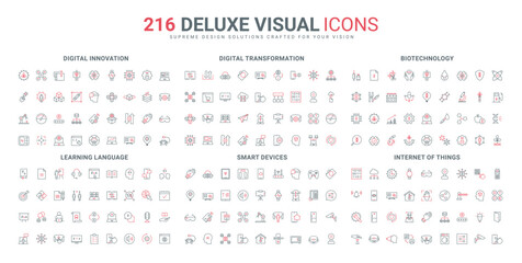 Biotechnology research and experiment, language school line icon set. Development of future digital technology, data transformation, smart devices thin black and red outline symbol vector illustration