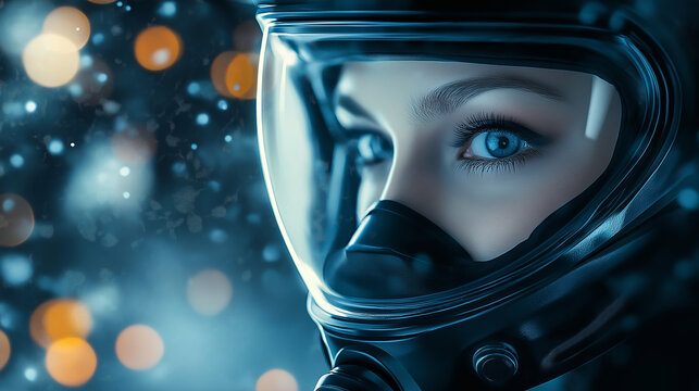 Woman wearing futuristic helmet and gas mask in a sci-fi setting