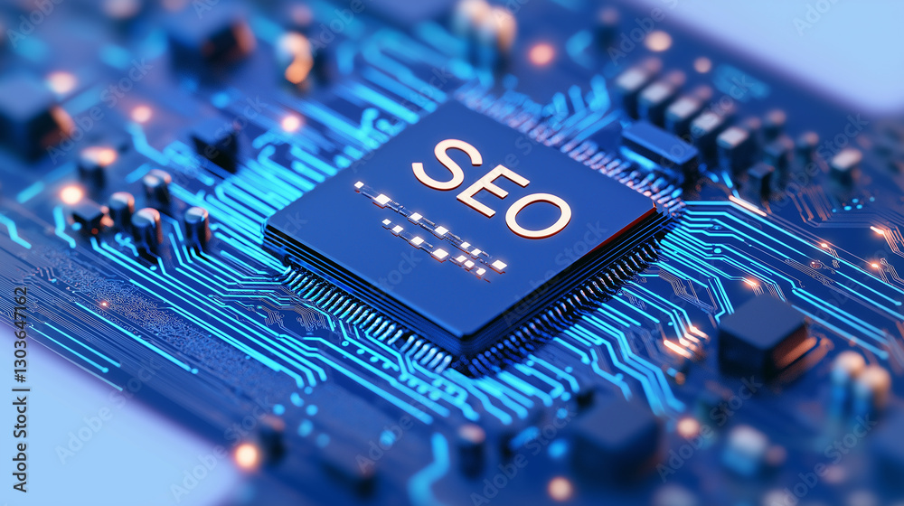 Poster seo chip glowing on futuristic circuit board optimizing website traffic