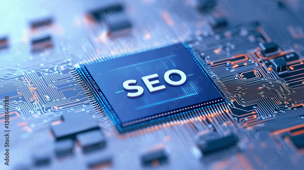 Aufkleber microchip showing seo, search engine optimization concept