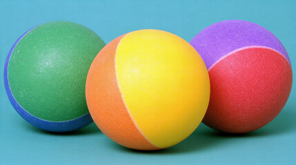 Obraz premium Colorful rubber balls arranged on a bright background showcasing playful design and vibrant hues for recreational activities