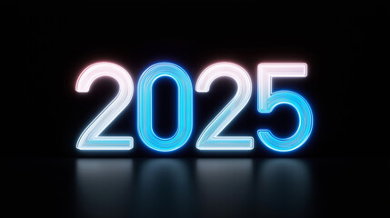 Neon sign showing year 2025 reflecting on dark background