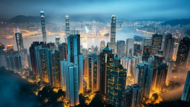 A breathtaking aerial view of a futuristic city skyline filled with towering skyscrapers, glowing lights, and a modern urban atmosphere. . High quality 4k footage