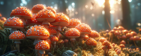 Group of Red Toadstool Mushrooms, Fly Agaric Fungi Family. Peaceful Autumn Forest Scenery, Early Morning Sunlight. Toxic, Poisonous, Psychedelic. Surreal, Dreamy, Vibrant Macro Close Up