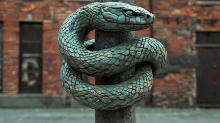 Sculpture of a snake coiled around a pole in urban setting. symbolism of rebirth and transformation. ideal for arts and mythical concepts. Rebirth - Phoenix. Illustration