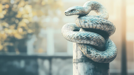 Naklejka premium Sculpture of a snake coiled around a pole in urban setting. symbolism of rebirth and transformation. ideal for arts and mythical concepts. Rebirth - Phoenix. Illustration
