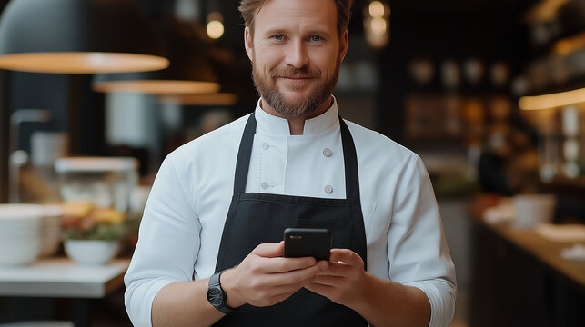 Smiling chef using smartphone in restaurant kitchen: managing orders and communication