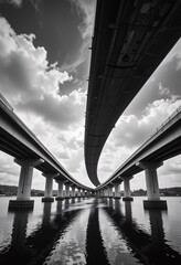 Elevated Roadway Structure Gracefully Curves Over Tranquil Waters...striking Black And White Image Showcasing Architectural Design And Calm Reflection...modern Urban Landscape .