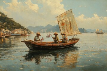 Fishermen in Traditional Boat with Scenic Landscape and Calm Waters