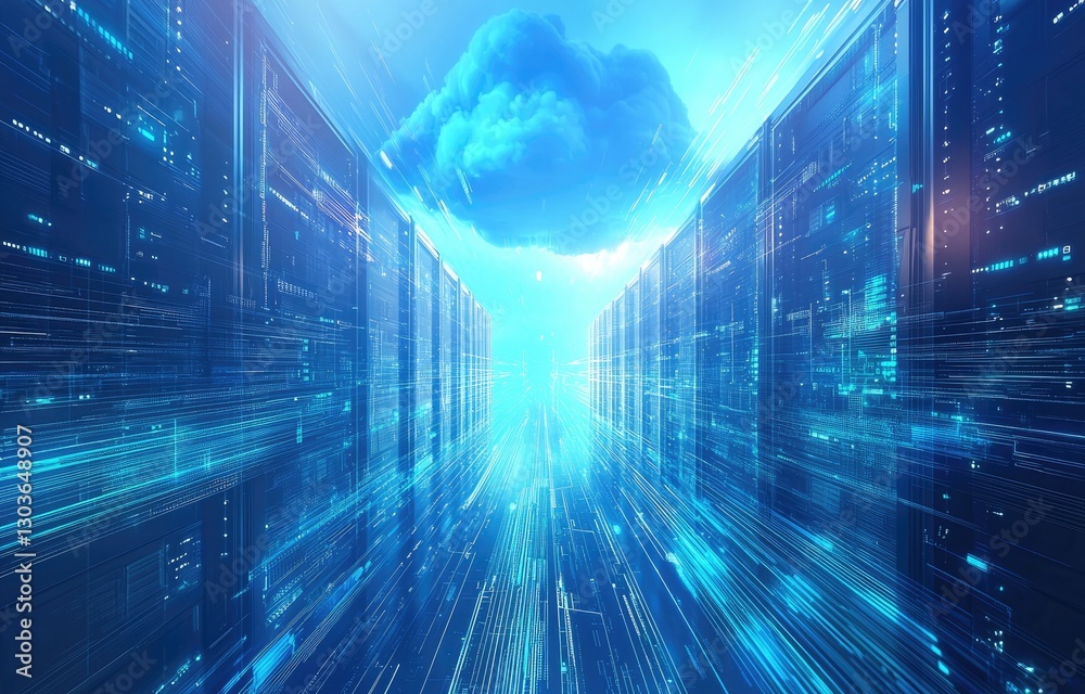 Aufkleber A futuristic data center with glowing blue server racks and a digital cloud symbolizing cloud computing and fast data transfer. Ideal for cloud technology, AI infrastructure, and cybersecurity concept