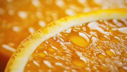 Close-up view of fresh orange slice with droplets glistening in warm sunlight at midday