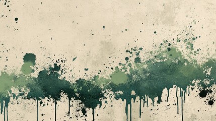 Green paint splatters and drips across a textured neutral background