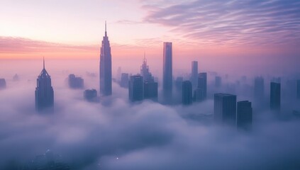 Obraz premium Misty Morning New York City Skyline: Empire State Building and Skyscrapers in Serene Urban Fog