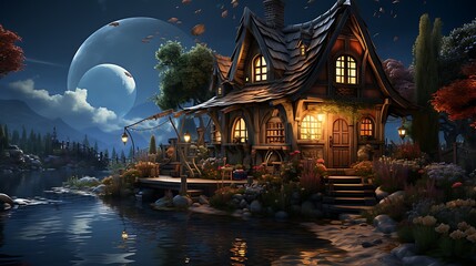 Enchanted Lakeside Cottage Under a Mystical Moon