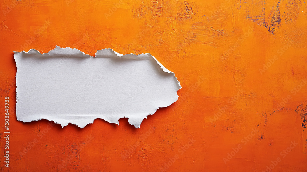 Poster torn edge of white paper against a bright orange background with space for your design or text, symb