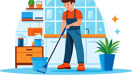 Fototapeta premium Janitor cleaning the kitchen floor with mop and bucket