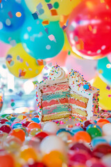 A vibrant layered cake surrounded by balloons and confetti, celebrating with bright colors. Capture the joy and festive atmosphere perfect for birthdays, parties, or other happy occasions.