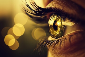 Obraz premium A close-up of an eye reflecting golden sparkles and bokeh lights.