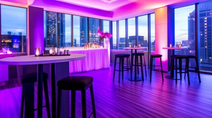Elegant modern lounge with purple lighting and city skyline, perfect for events and gatherings
