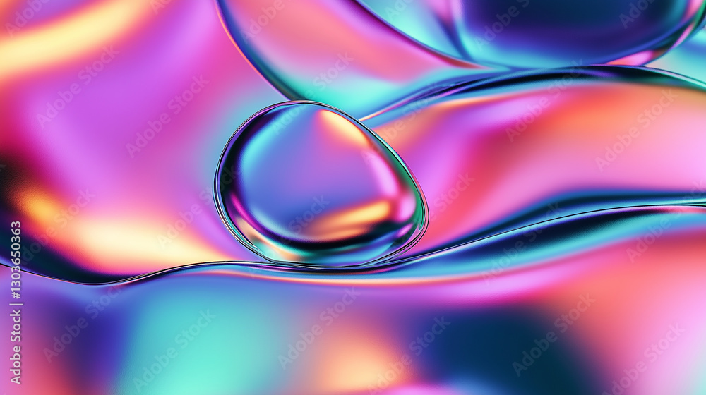Poster holographic floating orb balancing on iridescent liquid surface