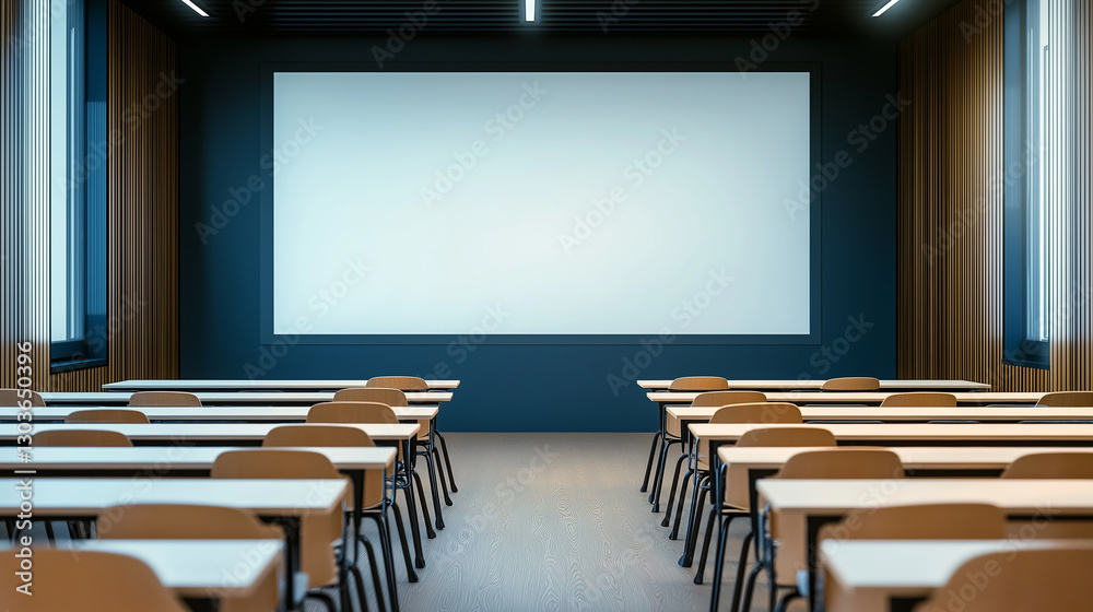 Poster modern classroom with projection screen and wooden walls, ideal for learning and studying
