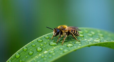 Bee Resting on Wet Leaf After Rain with Water Droplets
