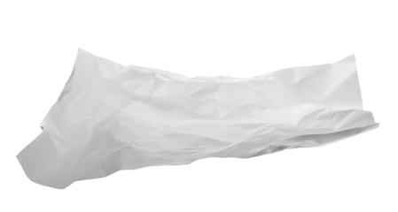 White crumpled paper flying, sheet falls and twists isolated on white, clipping path	