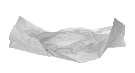 White crumpled paper flying, sheet falls and twists isolated on white, clipping path	