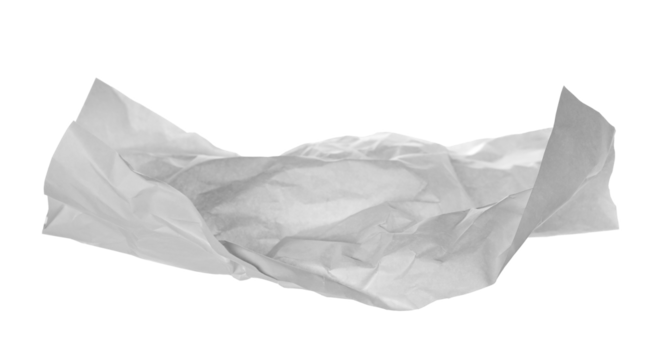 White crumpled paper flying, sheet falls and twists isolated on white, clipping path	