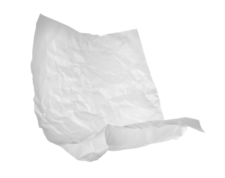 White crumpled paper flying, sheet falls and twists isolated on white, clipping path	