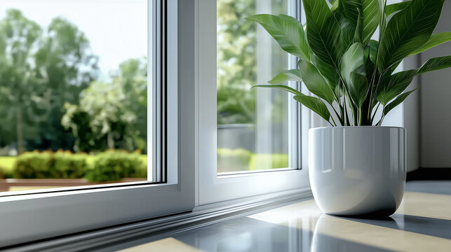 Modern pvc window letting in natural light with green plant