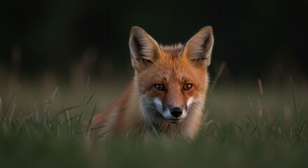Fototapeta premium Alert Red Fox Portrait in Grassy Field Wildlife Photography