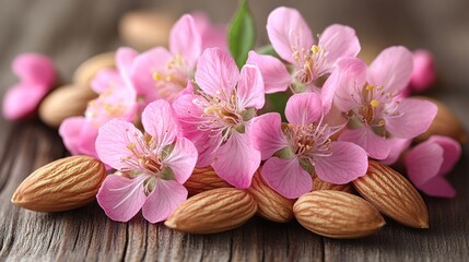 Naklejka premium Pink almond blossoms on wooden surface with almonds