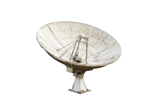 Exploring the intricate design of a satellite dish under bright sunlight in a clear sky isolated on transparent background