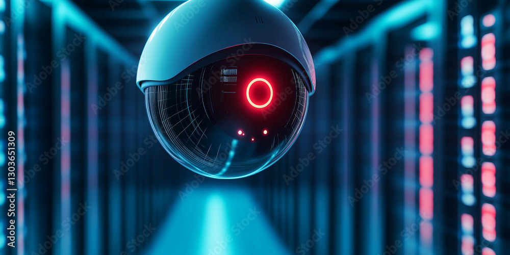Leinwandbilder security camera monitoring server room with red light: ensuring data center safety