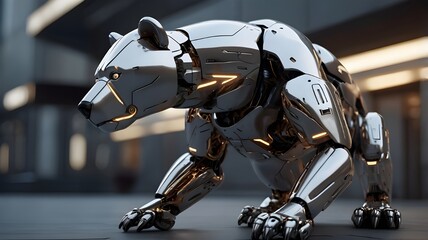 AI GENERATE, A robotic bear with a sleek metallic design, glowing eyes,