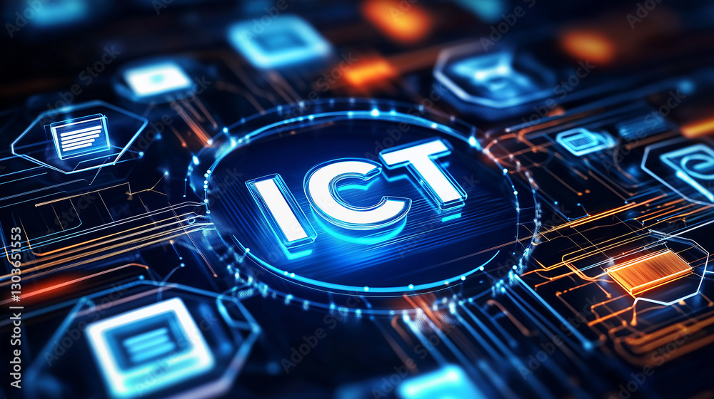 Poster information and communications technology ict glowing on futuristic electronic circuit board