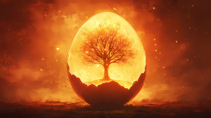 A glowing tree grows from within a cracked egg, symbolizing rebirth, growth, and the emergence of life from unexpected places. Rebirth - Phoenix. Illustration
