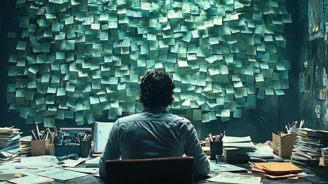 Overwhelmed businessman at cluttered desk, surrounded by sticky notes