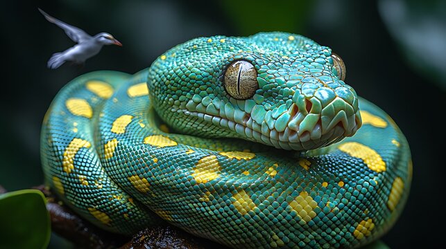 Green tree python coiled, bird in flight, jungle, nature poster