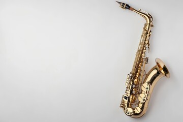 A gleaming saxophone rests elegantly against a neutral backdrop, ready for a soulful performance isolated on transparent background