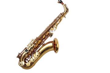 A gleaming golden saxophone resting against a soft white backdrop showcasing its intricate design isolated on transparent background