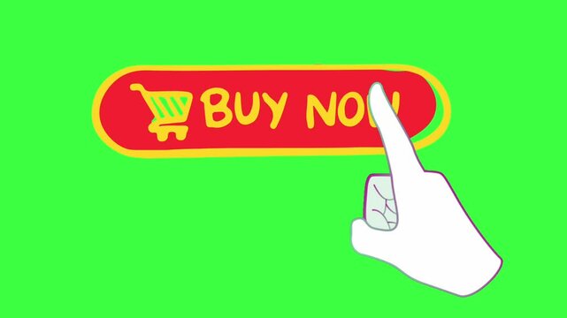 Animation of a red rectangle "Buy Now" sticker on a green background, transparency and alpha channel in flat style